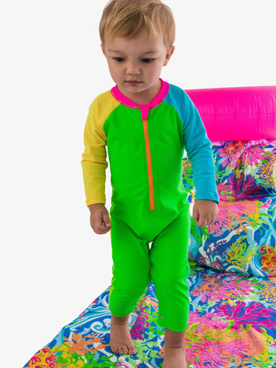 RUGGEDBUTTS Baby Boys UPF50+ Sun Protected Full Length Long Sleeve Rash Guard One Piece Swimsuit - Neon Color Block, 3-6m