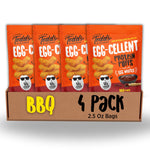 Four packs of Todd's Egg-C-Celentent Protein Puffs in BBQ flavor on an orange background.
