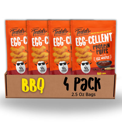 Four packs of Todd's Egg-C-Celentent Protein Puffs in BBQ flavor on an orange background.