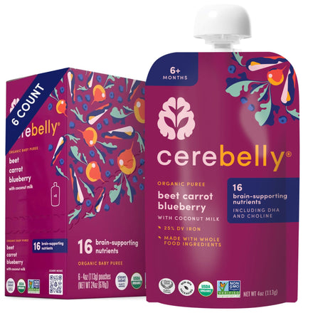 Cerebelly organic baby puree packaging with colorful design on a white background