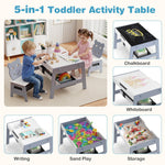 Costzon Kids Table and Chairs, Multifunctional Art Desk Set w/Chalkboard & Whiteboard, 4 Hooks, Large Storage Space and 2 Bins for Children 3+, Toddler Activity Table Set (Gray, 27.5” x 24” x 18”)