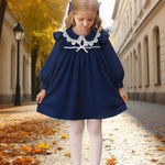 Baby Girl Outfit 18 24 Months Cute Girl Clothes Fall Long Ruffle Sleeve Navy Blue Dress Winter Toddler Clothes Vacation Vintage Knee Length Baby Dress