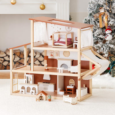 ROBOTIME Wooden Dollhouse, Doll House for Girls – 3-Story Bohemian Style Doll House with 37- Piece Furniture & Awning, Pretend Play Wooden Dollhouse Gift for Kids Ages 3+