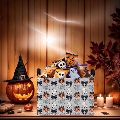 Large Halloween Themed Candy Gift Basket for KidsTrick or Treat Storage Bin Girls Boys Room Décor (Bohemian Bowknot Pumpkin Ghost)