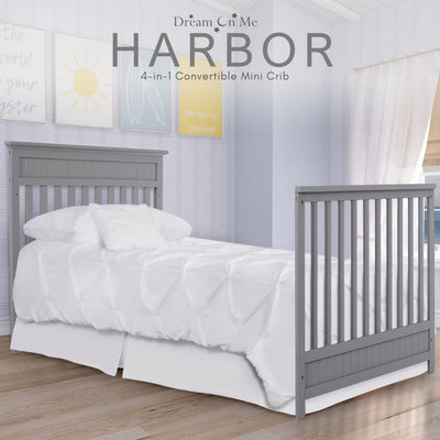 Dream On Me Harbor 4‑in‑1 Convertible Mini Baby Crib in Steel Grey, GreenGuard Gold & JPMA, Non-Toxic, Pinewood, Converts to Mini Day & Twin Bed, 1″ Mattress Pad, Perfect for Small Nurseries