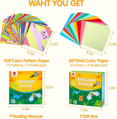 Mocoosy 224 Sheets Origami Paper Kit for Kids Ages 8-12, Color Folding Paper Set with Origami Book, Art Craft Supplies for Boys Girls 5-8 9-12, Travel Game Airplane Car Road Trip Activities Toy Gifts