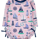 RuffleButts Baby Girls UPF 50+ Sun Protection Novelty Print Long Sleeve One Piece Rash Guard Swimsuit with Zipper - Pink Sweet Sails, 3-6m