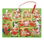 Children's educational puzzle with farm animals and numbers on a green background