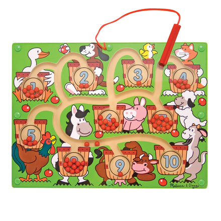 Children's educational puzzle with farm animals and numbers on a green background
