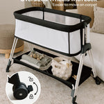 Fodoss Baby Bassinet Bedside Sleeper with Wheels and Storage Tray,4-Sided Mesh Bedside Bassinet for Infant/Newborn,7 Height Adjustable Easy Folding Bedside Crib