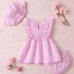 Vibebox Baby Girl Dresses 6-9 Months Ruffle Sleeveless Waist Bow Button Dress Gifts Infant Girls 9-12 Months Pink Stripes Summer Beach Garden Party Wedding Sundress Sets with Hat and Underwear
