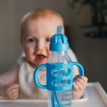Dr. Brown's Milestones Narrow Sippy Straw Bottle, Spill-Proof with 100% Silicone Handles and Weighted Straw, 8 oz/250 mL, Gray & Blue, 6m+