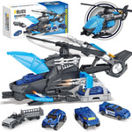 Frontoytall Police Rescue Helicopter Toy Set for Kids 3-8, Transport Cargo Helicopter with 3 Police Cars & Truck, Rotating Blades, Storage Cabin, STEM Learning Toys Gift for Boys Girls