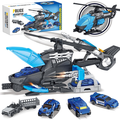 Frontoytall Police Rescue Helicopter Toy Set for Kids 3-8, Transport Cargo Helicopter with 3 Police Cars & Truck, Rotating Blades, Storage Cabin, STEM Learning Toys Gift for Boys Girls