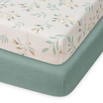 Blissful Diary Muslin Crib Sheets for Girl Boy, Boho Neutral Soft Cotton Baby Sheet for 52''x28'' Standard Crib Mattress, 2 Pack(Monstera&Dark Green)