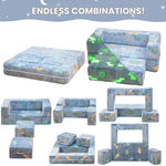 furlinkhm Toddler Couch, Glow in The Dark Kids Play Couch Toddler Fold Out Couch, Kids Fold Out Couch for playroom, Convertible Baby Fold Out Play Foam and Floor Cushion for Bedroom, Blue+Dinosaur