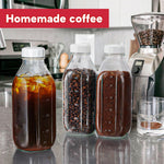 Dwbligt 32 oz Reusable Glass Milk Bottles with Silicone Dispenser Cap, 2 Pack Glass Jars with Airtight Screw Lid, Leak Proof Juice Bottles with Scale Mark Breastmilk Storage Container for Fridge