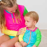 RUGGEDBUTTS Baby/Toddler Boy Swimsuit, One Piece Zipper Rash Guard Sunsuit with UPF 50+ Sun Protection - Neon Color Block, 3-6m