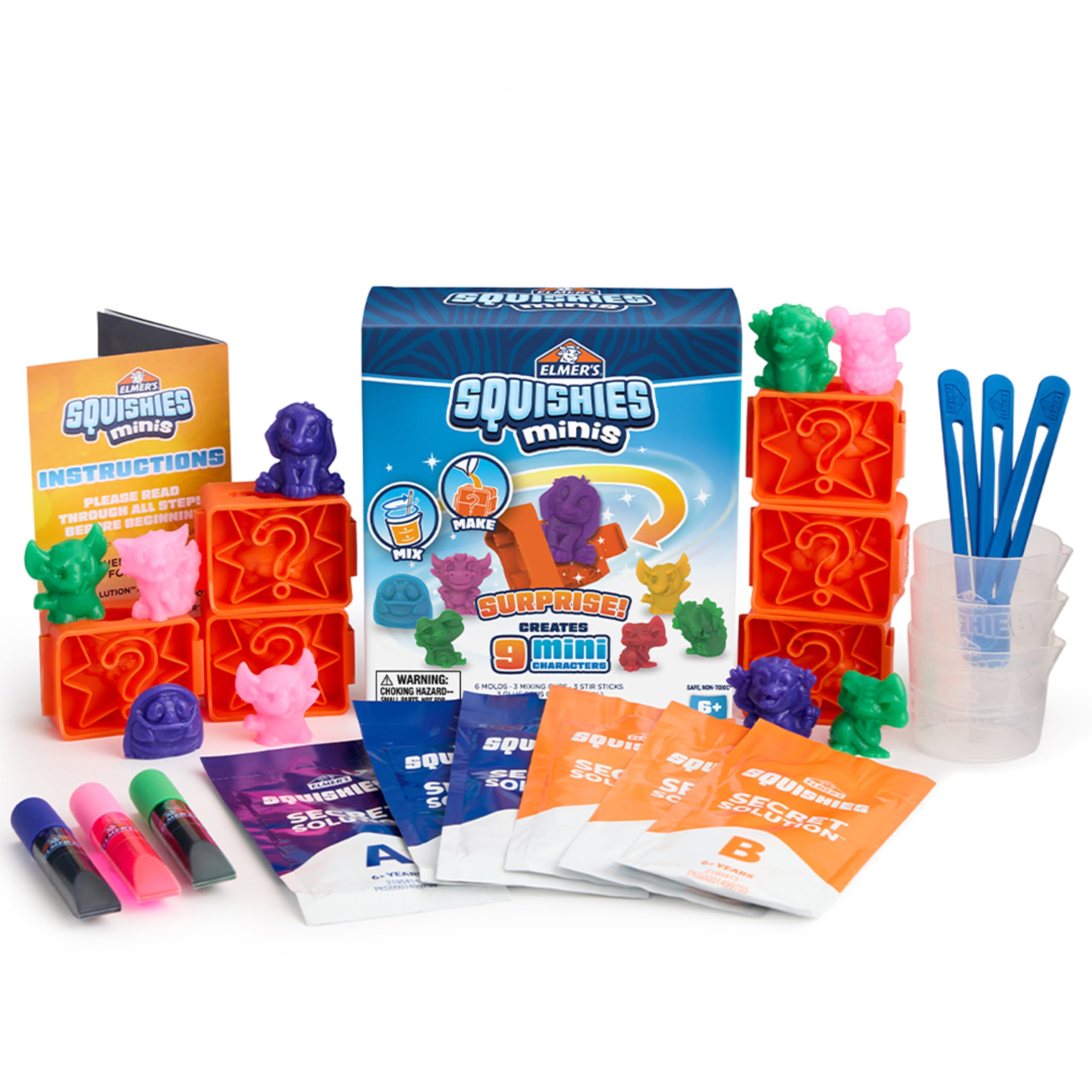 Elmer’s Squishies Kids’ Activity Kit, DIY Squishy Toy Kit Creates 2 Mystery Characters, 12 Piece Kit