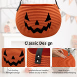 Halloween Pumpkin Basket, Fall Baskets Cute Candy Cotton Rope Boo Bucket for Kids Trick or Treat Halloween Basket for Gift, Orange