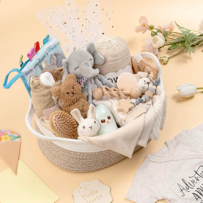 30 Piece Baby Gift Basket – Luxury Curated Baby Girl Gift Basket for Newborn, Premium All-in-One Baby Shower Gift Set, Essentials with Keepsakes for First Visit (Khaki)
