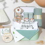 Baby Gift Set Baby Shower Gifts Basket for Newborns New Born Baby Sage Green Gift Basket with Baby Rattle Swaddle Security Blanket for Gender Neutral Baby Girls Boys