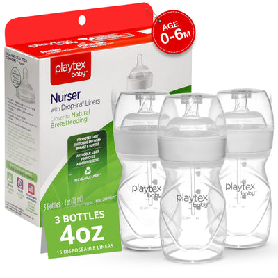 Playtex baby bottles with packaging on a white background