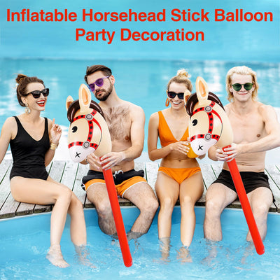 12 PCS 37 Inch Red Inflatable Stick Horse Balloons Durable PVC Horse Head on Stick for Western Cowboy Parties, Birthday Decorations, and Themed Events