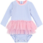 RuffleButts Baby Girls UPF 50+ Sun Protection Tulle Skirted Long Sleeve One Piece Rash Guard Swimsuit - Periwinkle Blue Seersucker, 12-18m