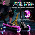 Kick Scooter for Kids 3-7 Ages - Light Up 3 Wheel Scooters,Lean-to-Steer,Three Adjustable Height Scooter for Kids, Wide Dual Rear Wheels,Safe Stable Ride for 3-5,5-7 Year Old Girl Boy Kid - Pink