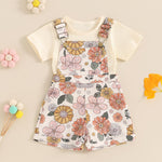 Lucikamy Toddler Baby Girls Summer Outfit Short Sleeve Ribbed Tops + Flower Suspender Overalls Shorts Set Kids Cute Clothes (Beige Top + Flower, 12-18 Months)