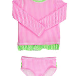 RuffleButts Baby/Toddler Girls Seersucker Long Sleeve Rash Guard Bikini - Neon Pink Seersucker, 2T