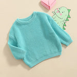 Pivanzore Baby Girl Boy Toddler Knit Sweater Cute Round Neck Long Sleeve Blouse Pullover Oversized Sweatshirt Warm Kids Tops Cyan