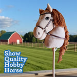 Playful Minds Large Hobby Horse for Kids and Adults – Show Quality with Rhinestone Studded Bridle, Removable Reins, and Long Mane – Plush Handmade Tournament Stick Horse, Palomino
