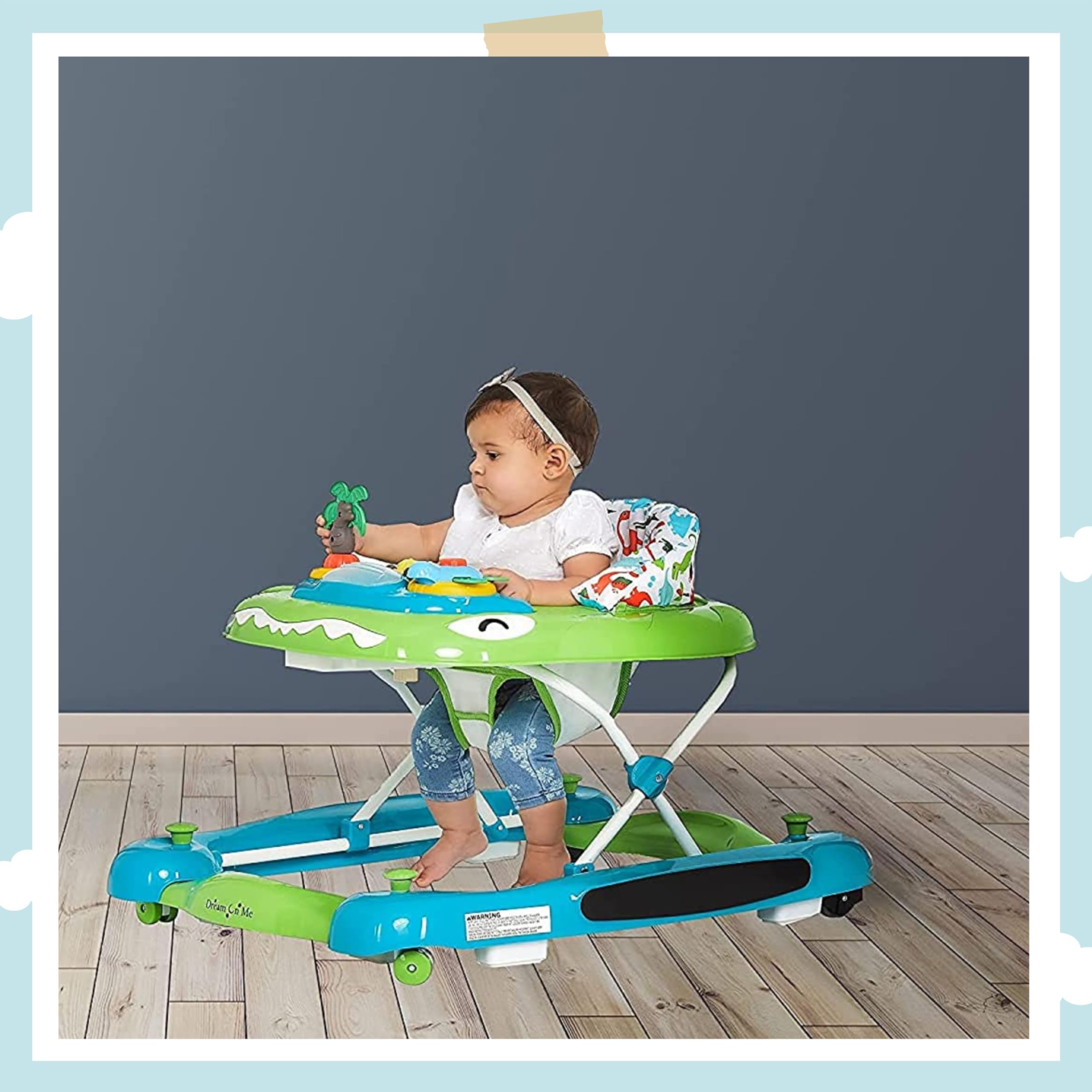 Dream On Me Baby Steps Baby Walker in Blue and Green, Adjustable Three Position Height Setting, Removable Tray, Easy to Fold and Store Baby Walker