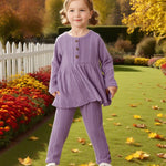 Kucnuzki 3T 4T Little Girls Clothes Two Piece Outfits Long Sleeve Purple Shirt Baby Girl Sweatshirt Peplum Top Plain Knit Casual Leggings Pants Toddler Outfit
