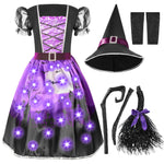 Spooktacular Creations Light-up Witch Costume for Girls, Toddlers Purple Print Witch Outfit Set with Broom Hat Sleeves for Kids Halloween Dress Up Parties, S