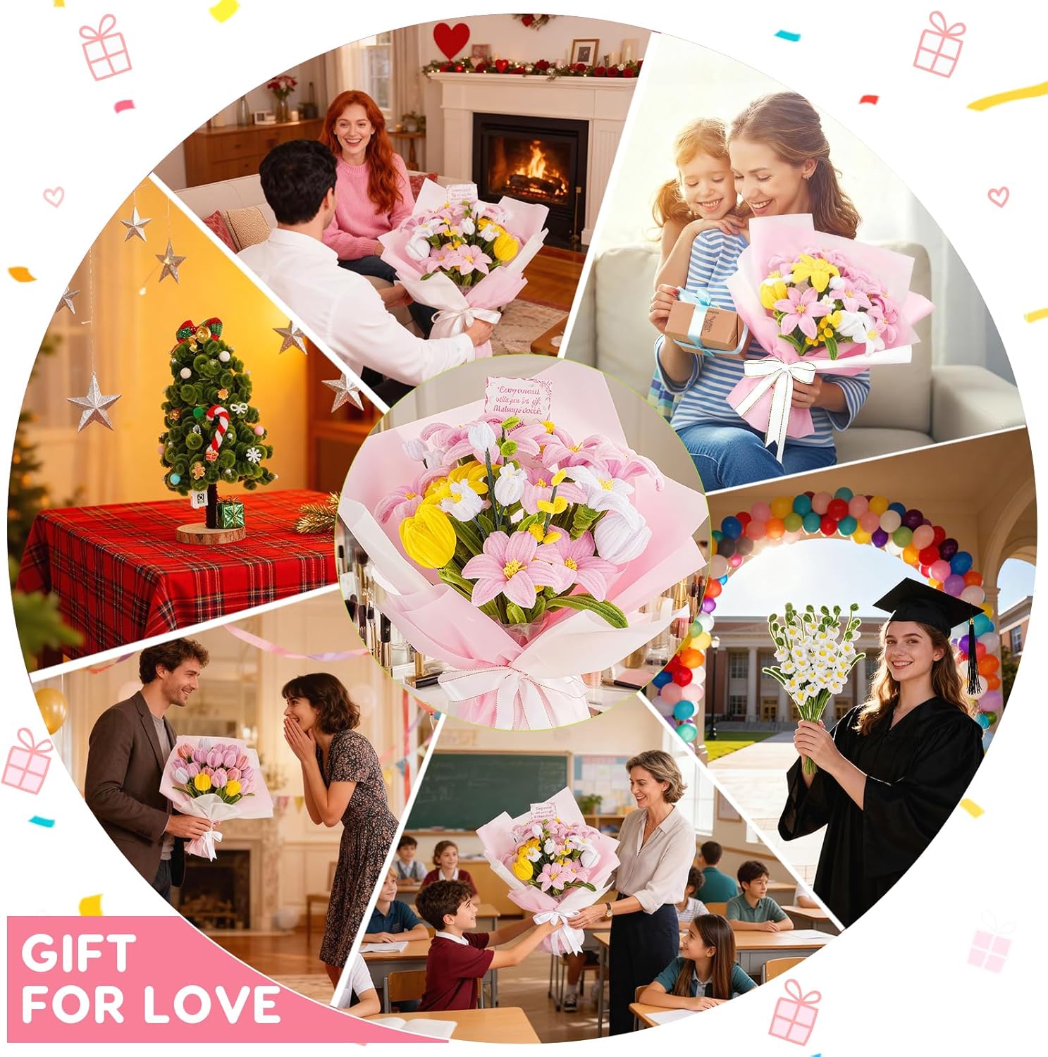 600PCS Pipe Cleaners Craft, Pipe Cleaner Bulk Flower Kit, 6 Colors Chenille Stems Flower Making Kit with Floral Wires, Gardening Tape, Stamen, Floral Wrapping Paper & Ribbon for Art and Craft Supplies