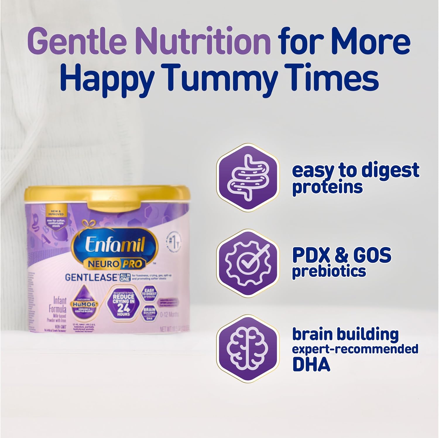 Enfamil NeuroPro Gentlease Baby Formula, Brain Building DHA, HuMO6 Immune Blend, Designed to Reduce Fussiness, Crying, Gas & Spit-up in 24 Hrs, has Prebiotics to Promote Softer Stools, Reusable Tub, 19.5 Oz