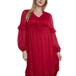 Motherhood Maternity Women's Long Sleeve V-Neck Tiered Maxi Pregnancy Dress with Drawstring, Barbados Cherry, Large