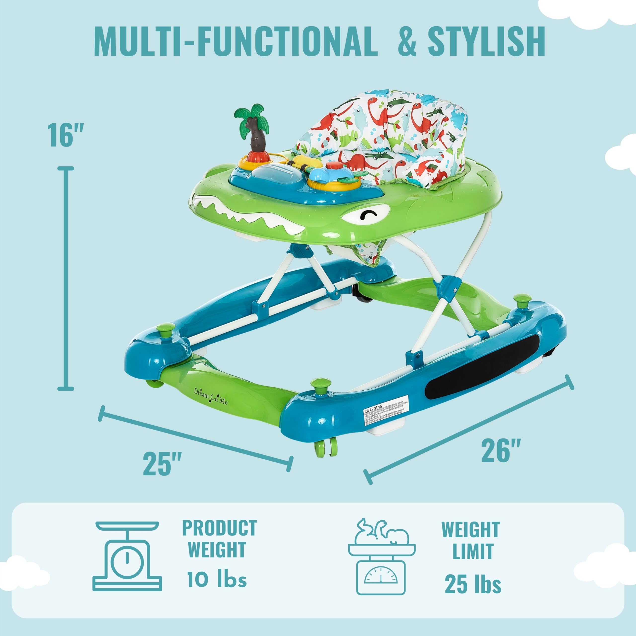 Dream On Me Baby Steps Baby Walker in Blue and Green, Adjustable Three Position Height Setting, Removable Tray, Easy to Fold and Store Baby Walker