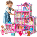 TASTIEN Doll House, 4-Story Dollhouse with Glow in The Dark, Girl Toys Doll House Playset with 2 Dolls, 12 Play Areas, Furniture & Accessories, Princess Gift Toys for Girls Ages 3 4 5 6 7 8 9+, Pink