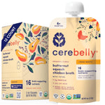 Cerebelly organic baby puree packaging with butternut squash, chicken, and bone broth.