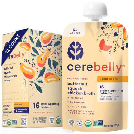 Cerebelly organic baby puree packaging with butternut squash, chicken, and bone broth.