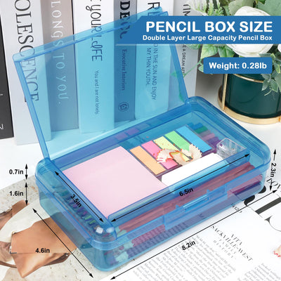 DANRONG Plastic Pencil Box, Large Capacity Pencil Case, Pencil Boxes Double Layer for Kids Adults, Colored Pencil Case, Hard Crayon Box Storage with Snap-Tight Lid for School Office Supplies (Blue)