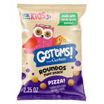 Getems! Roundos Puff Snack Pizza package with owl illustration on beige background