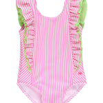 RuffleButts Girls UPF50+ Seersucker Waterfall One Piece Swimsuit - Neon Pink Seersucker, 2T