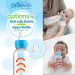 Dr. Brown's Anti-Colic Options+ Narrow Sippy Bottle Starter Kit, 8oz/250mL, with Level 3 Medium-Fast Flow Nipple and Soft 100% Silicone Sippy Spout, Blue, BPA Free, 6m+
