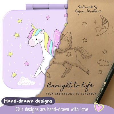BEARFOOT Kids Lunch Box with Compartments – Compact & Lightweight | Leak-Proof, BPA-Free, Dishwasher Safe | Hand-Drawn Design for Preschool, School, Travel (Unicorn Purple, 2.75 Cups)