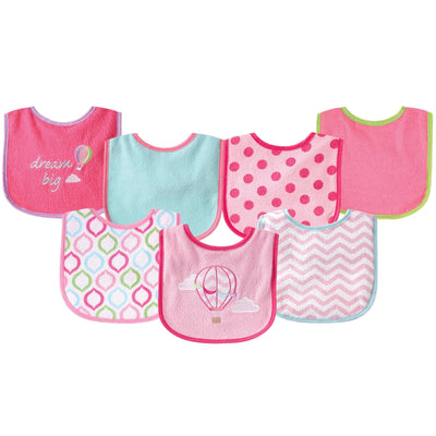 Set of colorful baby bibs with various patterns on a white background